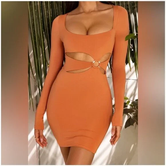 NWOT Oh Polly Orange Long Sleeve Cutout Bodycon Mini Dress - Picture 8 of 12
